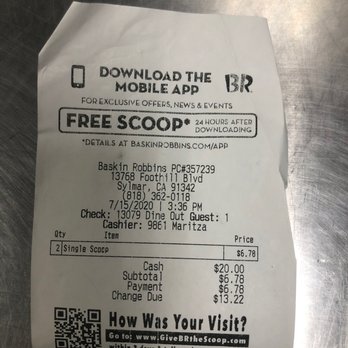Baskin-Robbins - a receipt for a mobile app - Ice Cream & Frozen Yogurt Near Me - Sylmar, California