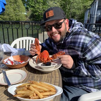 The Chart Room - Whole lobster with fries, bang bang shrimp, mussels and clam chowder. Delicious. They have a deck with a great view of the water. - Seafood Near Me - Bar Harbor, Maine