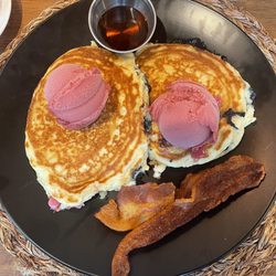 Riserva 1895 - Blueberry chocolate chip pancakes with raspberry sorbet
