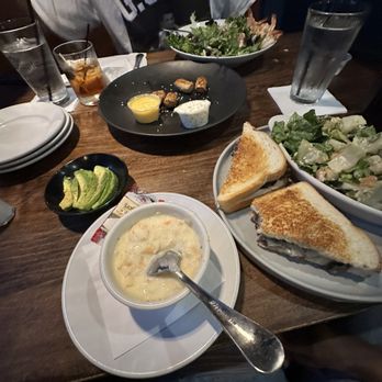 North & Maple Kitchen + Bar - Pot roast grilled cheese, soup of the day: creamy chicken and rice, Cesar salad, pretzels bite, shrimp salad and old fashion drink. - New American Near Me - Tinley Park, Illinois