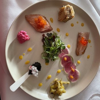 nyloS - First course with caviar, delicate cuts of fish and pickled vegetables - New American Near Me - Paia, Hawaii nyloS - First course with caviar, delicate cuts of fish and pickled vegetables - New American Near Me - Paia, Hawaii