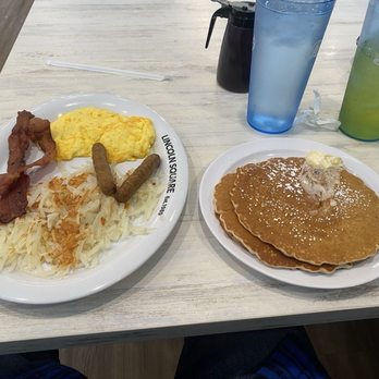 Lincoln Square Pancake House - The Pancake Platter, with bacon, sausage, scrambled eggs, and hash browns. Yum! - Pancakes Near Me - Indianapolis, Indiana