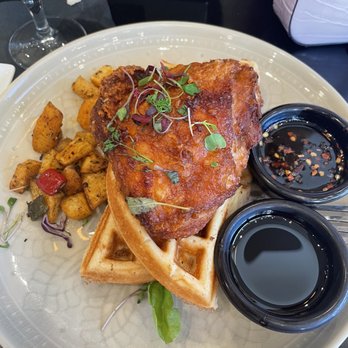 The Olive Restobar - Chicken and waffles with a mimosa - Mediterranean Near Me - Downey, California The Olive Restobar - Chicken and waffles with a mimosa - Mediterranean Near Me - Downey, California