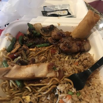 Panda Express - Plate with 1/2 noodle and 1/2 rice. Angus steak and teryaki chicken as spring roll. - Chinese Near Me - Morgan Hill, California Panda Express - Plate with 1/2 noodle and 1/2 rice. Angus steak and teryaki chicken as spring roll. - Chinese Near Me - Morgan Hill, California