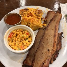 Slow roast brisket, mac and cheese bake, corn salad.  Little bbq sauce.