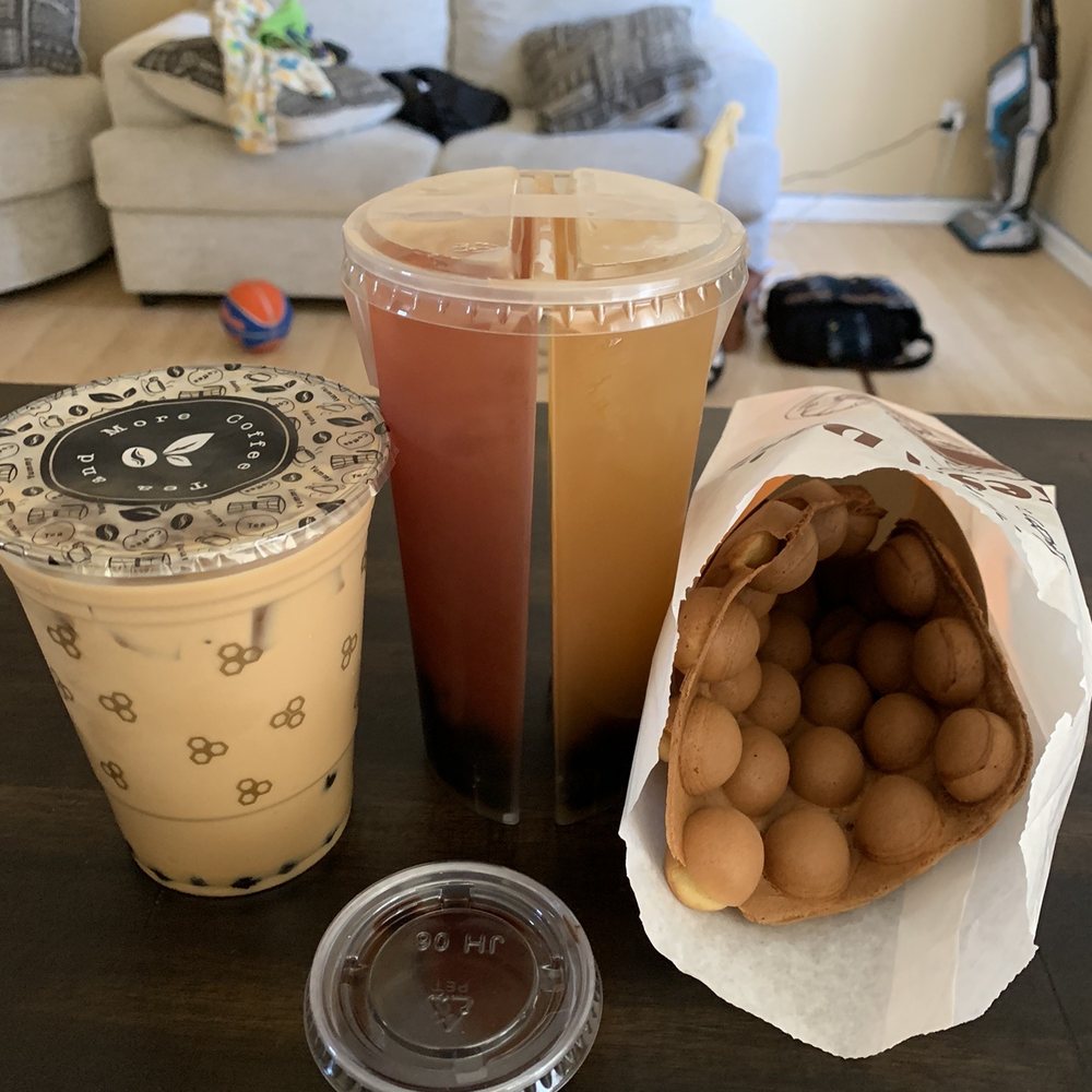Simplee Boba - House Iced Coffee, Split Cup with strawberry mango black tea and peach guava green tea, and a bubble waffle with chocolate sauce - Bubble Tea Near Me - South Pasadena, California Simplee Boba - House Iced Coffee, Split Cup with strawberry mango black tea and peach guava green tea, and a bubble waffle with chocolate sauce - Bubble Tea Near Me - South Pasadena, California