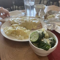 Ebbie’s Craft Kitchen and Catering - Open Faced Turkey sandwich Baked Potato and vegetable Medley( Parmigiana Cheese) on the veggies