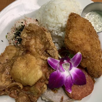 Guieb Cafe - GC mixed plate: Fried chicken, teriyaki prime rib, panko mahi-mahi, krab salad and ... SPAM :):):) - New American Near Me - Honolulu, Hawaii Guieb Cafe - GC mixed plate: Fried chicken, teriyaki prime rib, panko mahi-mahi, krab salad and ... SPAM :):):) - New American Near Me - Honolulu, Hawaii