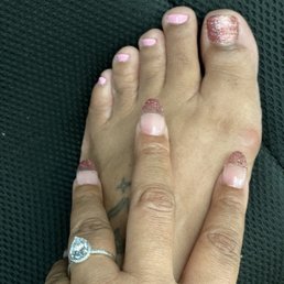 Full set clear nails almond shaped; matching citrus and lavender pedicure; gave the techs free range. Sooo cute. $94 Full set clear nails almond shaped; matching citrus and lavender pedicure; gave the techs free range. Sooo cute. $94