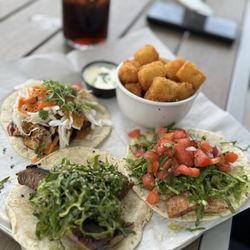 Taqueria Tsunami - The Quatro - Asada Zing Taco, Pacific Rim Taco, Thai Chicken Taco with tots