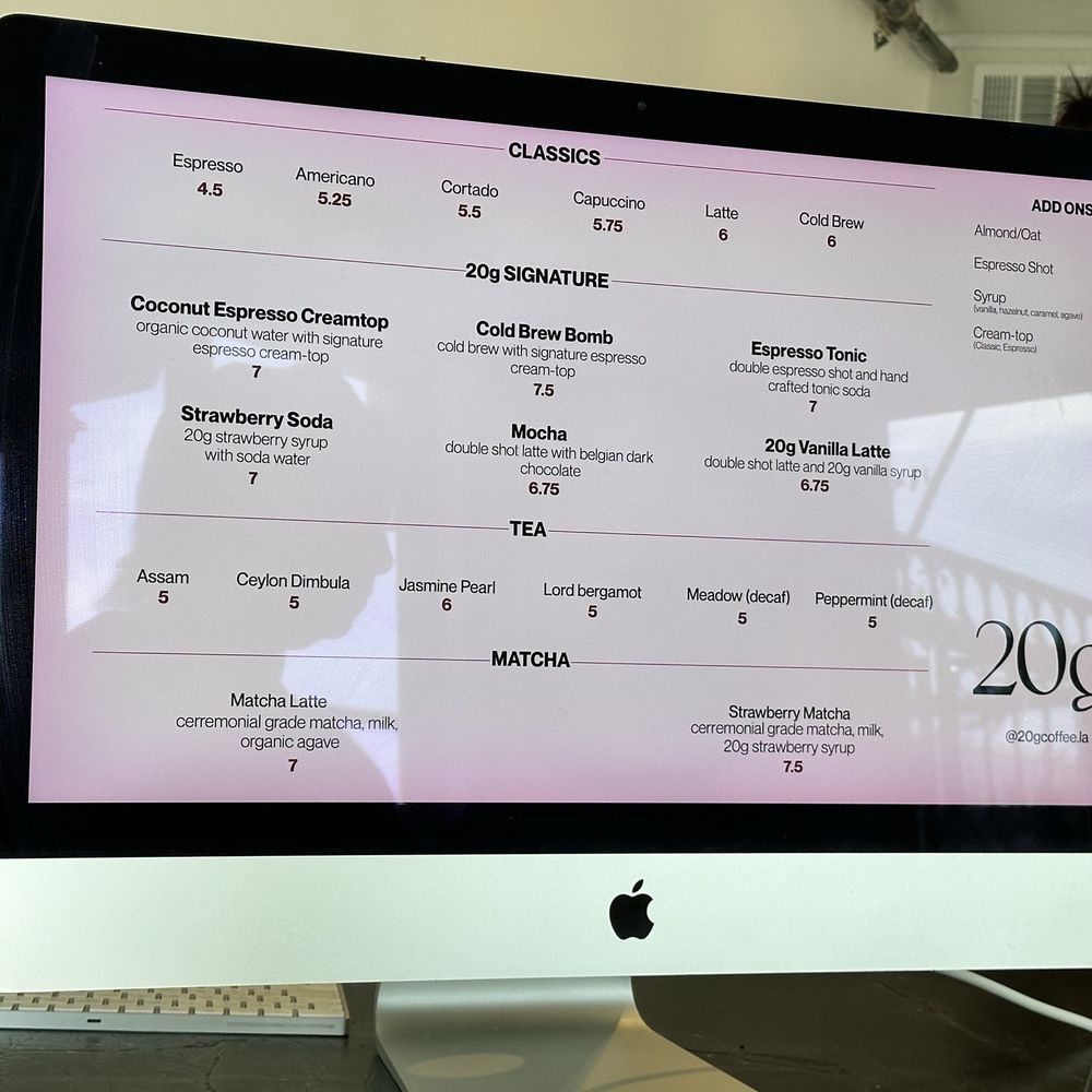 20g - Menu - Coffee & Tea Near Me - Los Angeles, California