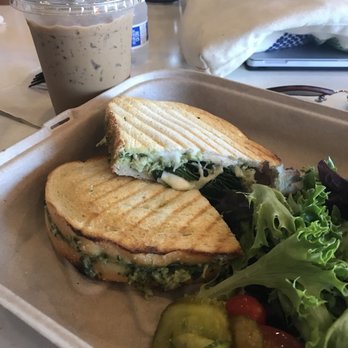 La Tour Cafe - Chicken pesto panini with La Tour iced coffee - Cafes Near Me - Honolulu, Hawaii