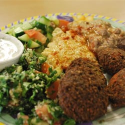Falafel - Falafel with mixed mezze plate.