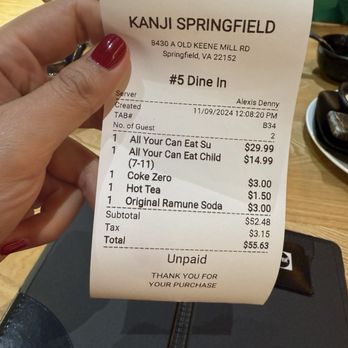 Kanji Sushi AYCE - Total bill for me and my son - Sushi Bars Near Me - West Springfield, Virginia Kanji Sushi AYCE - Total bill for me and my son - Sushi Bars Near Me - West Springfield, Virginia