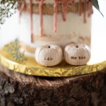 Candy and Confections by Lisa Stoudt - A closer view of our cake.. we wanted the "naked" design with a rose gold drip from the top. (pumpkins in front were provided by myself) - Bakeries Near Me - Reading, Pennsylvania