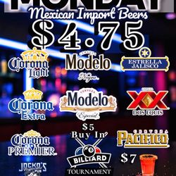 Jockos Neighborhood Pub - Monday Pool Tournament & $4.75 Mexican Beer Specials