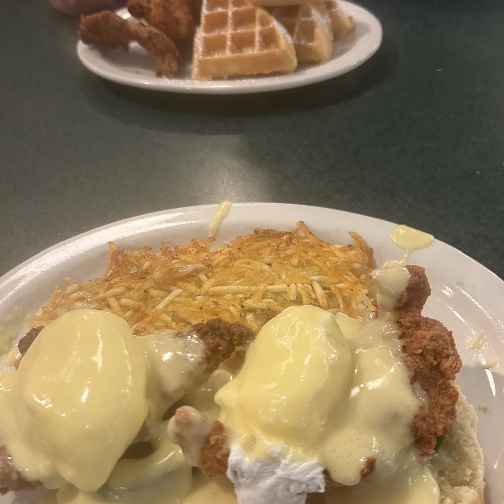 Chicken and waffles and fried chicken Benedict Chicken and waffles and fried chicken Benedict