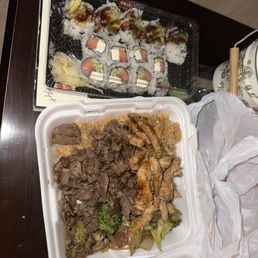 Hibachi chicken & hibachi steak w/ fried rice and veggies philadelphia roll Hibachi chicken & hibachi steak w/ fried rice and veggies philadelphia roll