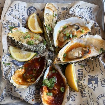 Fishetarian Fish Market - Grilled Oysters: BBQ, Maui Wowie, Garlic Butter - Seafood Near Me - Bodega Bay, California