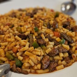 Dolan's Uyghur Cuisine - Pearl Noodle:
Finely chopped hand-pulled noodles stir-fried with fresh vegetables and savory beef