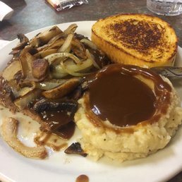 Chopped steak with gravy onions n mushrooms yummy