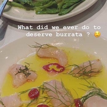Lupa - Burrata with Pea Pesto & Greens and crudo - Italian Near Me - New York, New York Lupa - Burrata with Pea Pesto & Greens and crudo - Italian Near Me - New York, New York