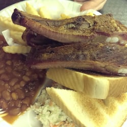 Mr T's Riverside Cafe - Rib plate is $8. Smoky, "hammy" tasting ribs that fall off the bone.