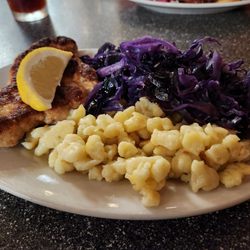 A&M Creations on Main - Weiner Schnitzel with spaeztle and braised purple cabbage