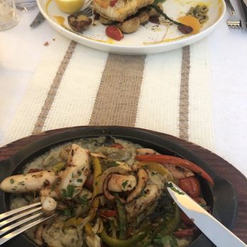 White Olive - Sea bass and grilled octopus with eggplant - Mediterranean Near Me - New York, New York White Olive - Sea bass and grilled octopus with eggplant - Mediterranean Near Me - New York, New York