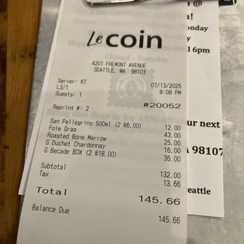 Le Coin - Bill - Seafood Near Me - Seattle, Washington