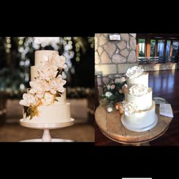 Inspiration photo on the left, my cake on the right with missing cake stand that I paid for and no cascading flowers.