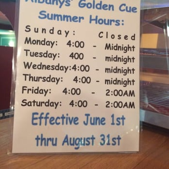 Golden Cue Billiard Lounge - Summer 2016 hours - Pool Halls Near Me - Albany, New York Golden Cue Billiard Lounge - Summer 2016 hours - Pool Halls Near Me - Albany, New York