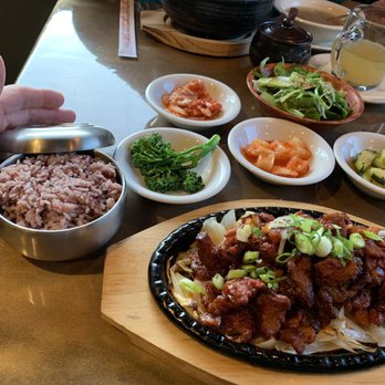 Bapp Korean Restaurant - Pork BBQ with purple rice and all these little tasty side dishes. - Asian Fusion Near Me - Jackson, Wyoming Bapp Korean Restaurant - Pork BBQ with purple rice and all these little tasty side dishes. - Asian Fusion Near Me - Jackson, Wyoming