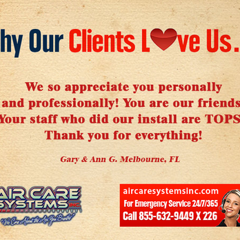 Air Care Systems - Why our Clients Love Us- Testimonials - Heating & Air Conditioning/HVAC Near Me - Cocoa, Florida Air Care Systems - Why our Clients Love Us- Testimonials - Heating & Air Conditioning/HVAC Near Me - Cocoa, Florida