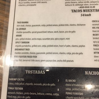 Taco Bamba Springfield - Here's part of the menu. - Tacos Near Me - Springfield, Virginia