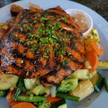Dr Grubb's - Blackened salmon, fresh veggies, roasted taters. Tomato pesto sauce on the side. - American Near Me - Claremont, California Dr Grubb's - Blackened salmon, fresh veggies, roasted taters. Tomato pesto sauce on the side. - American Near Me - Claremont, California