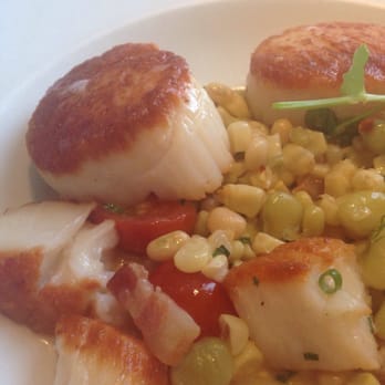 Aria - Scallops main course. Perfectly braised on each side with lady peas, corn, tomatoes. Moist on the inside, tasty and fresh. The best! - New American Near Me - Atlanta, Georgia Aria - Scallops main course. Perfectly braised on each side with lady peas, corn, tomatoes. Moist on the inside, tasty and fresh. The best! - New American Near Me - Atlanta, Georgia