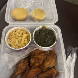 6 piece wings tossed in hot honey lemon pepper with a side of collard greens and Mac n cheese, corn muffins. 6 piece wings tossed in hot honey lemon pepper with a side of collard greens and Mac n cheese, corn muffins.