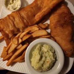 Shorty's Bar & Grill with Friends - Delicious Halibut and fries coleslaw and tartar sauce