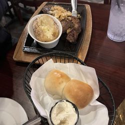 Garlic steak with some buns and warm cinnamon rolls. YUMMMMMM!