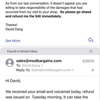 ModBargains - Email from the owner of Modbargins stating he was only willing to compensate $40 towards the wheel repair for all 3 wheels. - Auto Parts & Supplies Near Me - La Habra, California