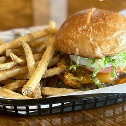 Burger with homemade bun and hand cut fries
