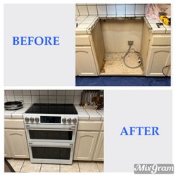 Appliance Install Plus - Drop-in converted to slide in
3- side tile cuts
2- side wood cuts
Base and toe kick removal