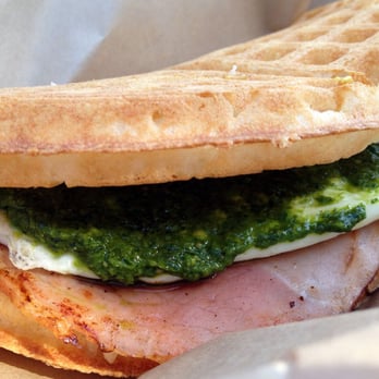 Bruxie - "Green Eggs & Ham": Grilled ham, Tillamook Cheddar, egg, mayo and arugula pesto ... savory and delicious! - Sandwiches Near Me - Orange, California