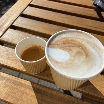 Blanc Coffee Roasters - Espresso shot and mocha latte sitting at their outdoor tables - Coffee Roasteries Near Me - Fayetteville, North Carolina Blanc Coffee Roasters - Espresso shot and mocha latte sitting at their outdoor tables - Coffee Roasteries Near Me - Fayetteville, North Carolina