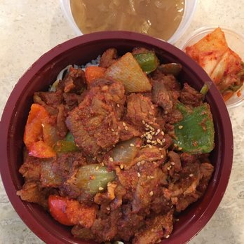 EM Deli & Catering - Spicy Pork Rice Bowl (Served w/Kimchi, Miso Soup, $9.99)- 3.5/5 stars - Delis Near Me - Oakland, California