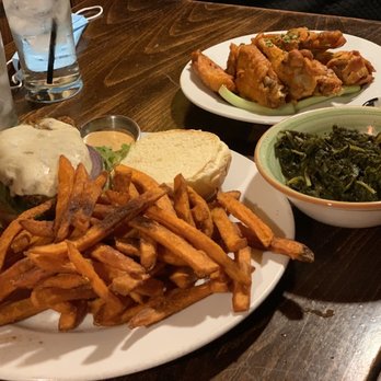 Ben's Next Door - Blackened Chicken Sandwich, Sweet Potato Fries, Braised Kale w/ Smoked Turkey and Buffalo wangs! - Bars Near Me - Washington, DC, District of Columbia