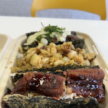Musubi Square - Musubi Tacos. From top to bottom: Wagyu Feta Taco, Crispy Calamari Taco, Grilled Unagi Taco - Asian Fusion Near Me - Anaheim, California