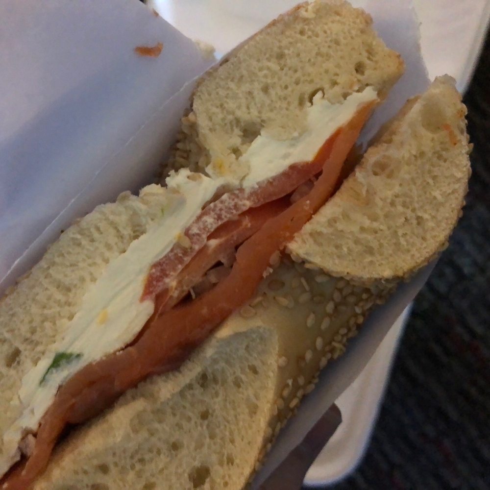 Bagel Express - Sesame bagel with scallion cream cheese,lox and onions. - Bagels Near Me - East Setauket, New York Bagel Express - Sesame bagel with scallion cream cheese,lox and onions. - Bagels Near Me - East Setauket, New York