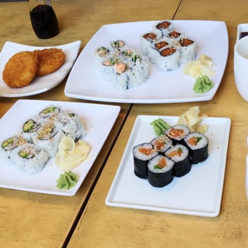 Moshi Moshi - From top left, clockwise: Onion Croquette, Lobster Roll, Spicy Tuna Roll, Salmon and Scallion Roll, and California Roll - Sushi Bars Near Me - San Francisco, California